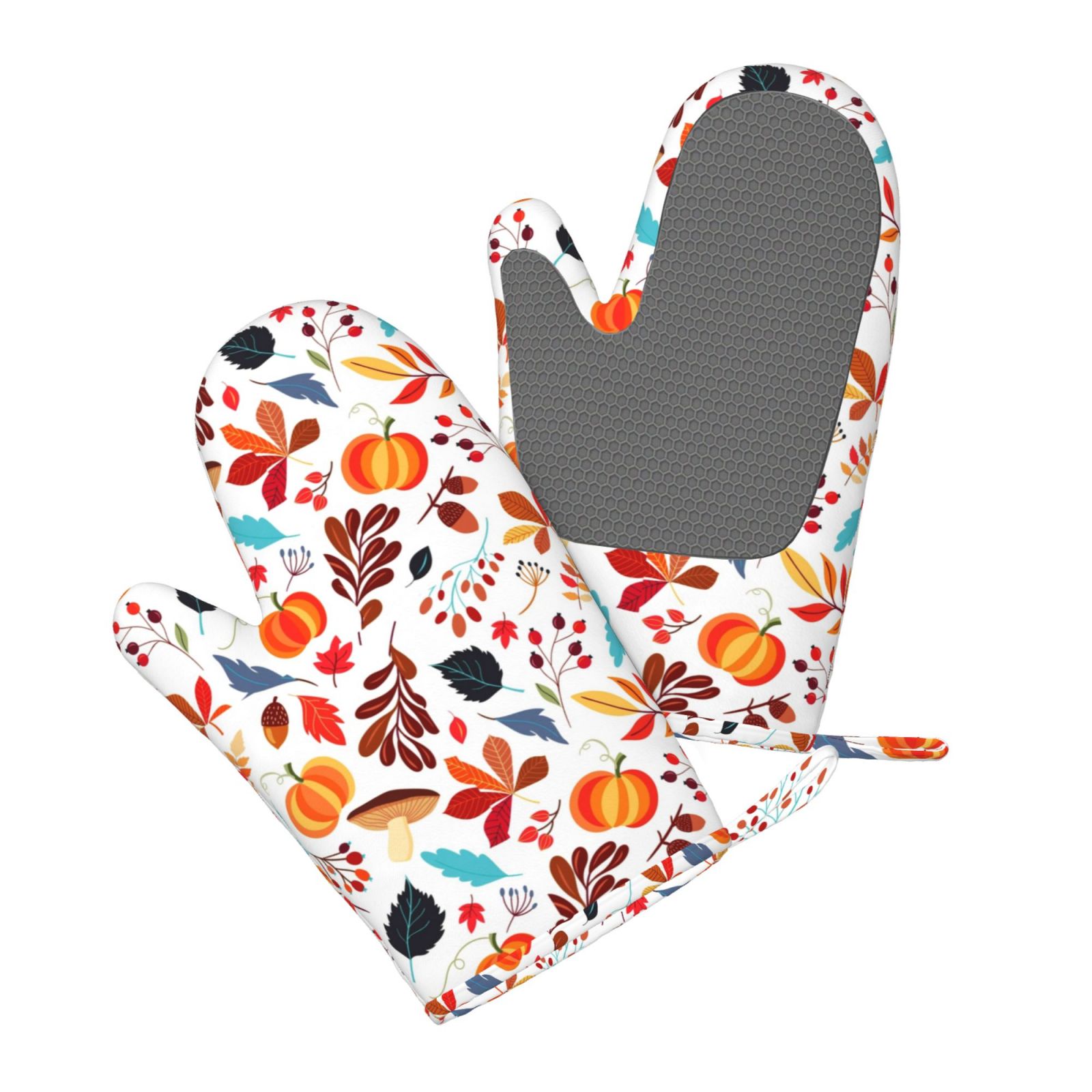 Hirioo Autumn Pumpkins Fall Leaves for Silicone Oven Mitts for BBQ, Baking, Cooking, Set of 2, Heat Resistant 260℃, Non-Slip Kitchen Essentials