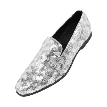 Amali Mens Sequin Circle and Diamond Patterned Comfortable Smoking Slipper Dress Shoes, Nightclub Slip On Loafer