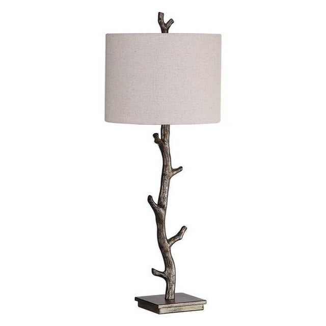 Benzara BM205047 Drum Shade Metal Table Lamp with Tree Branch Base, Cream & Gray