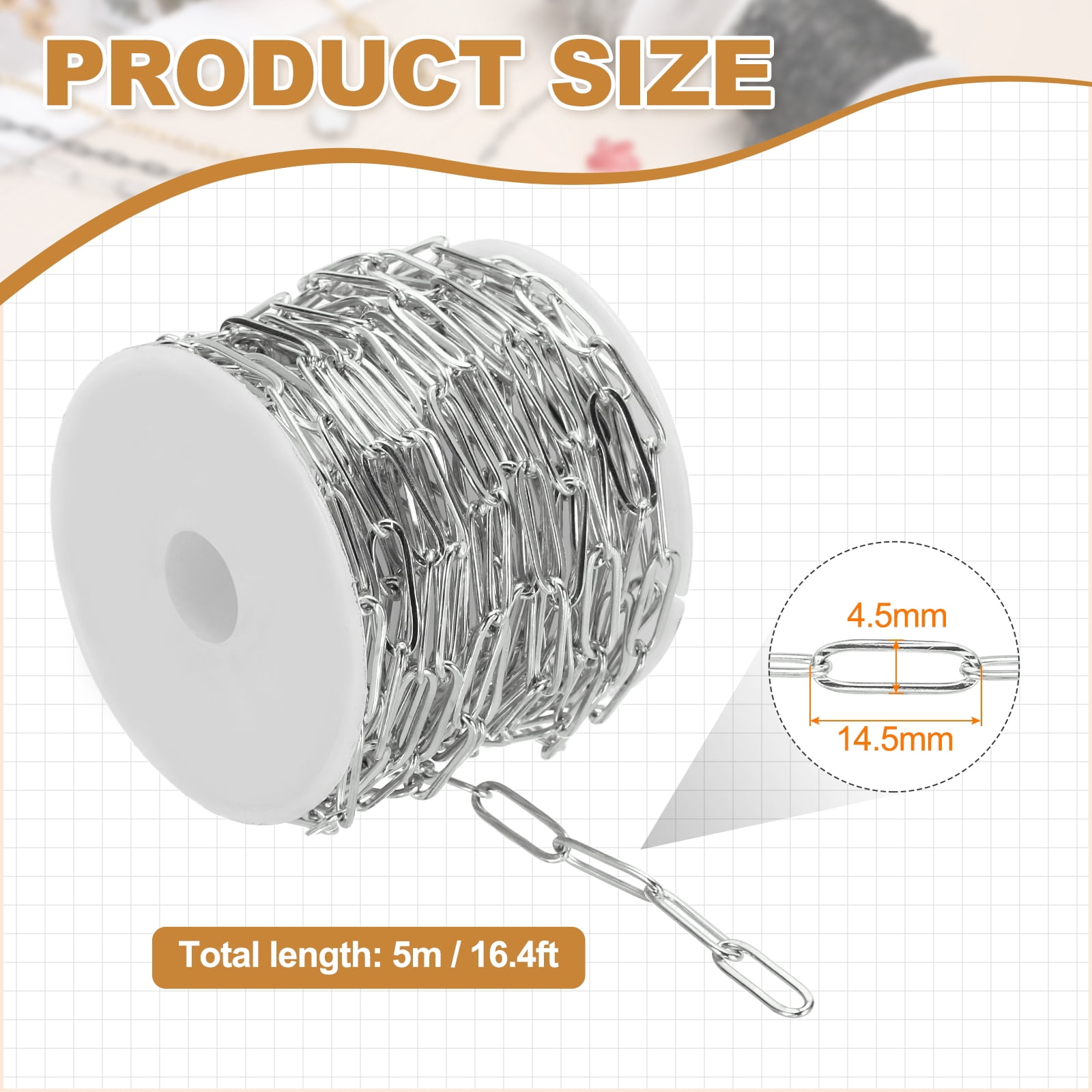 Uxcell 16.4 ft Paper Clip Chain, 4.5mm W Stainless Steel Chains for Jewelry Making, Silver