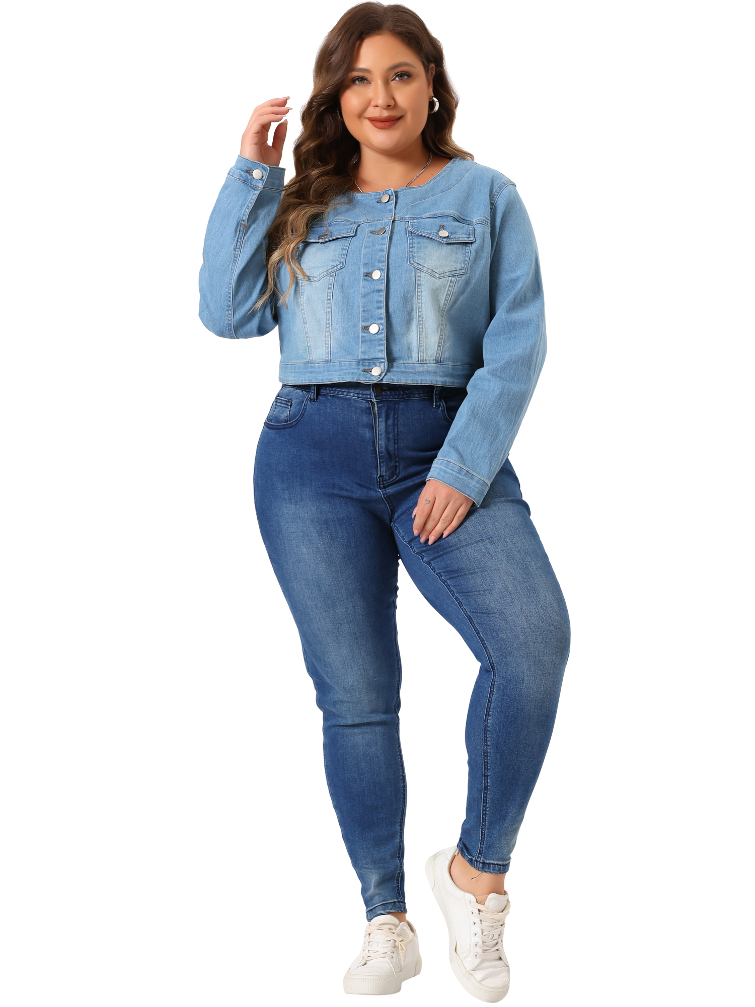 DARING DIVA Women's Plus Size Collarless Button Down Crop Denim Jackets 4X Light Blue