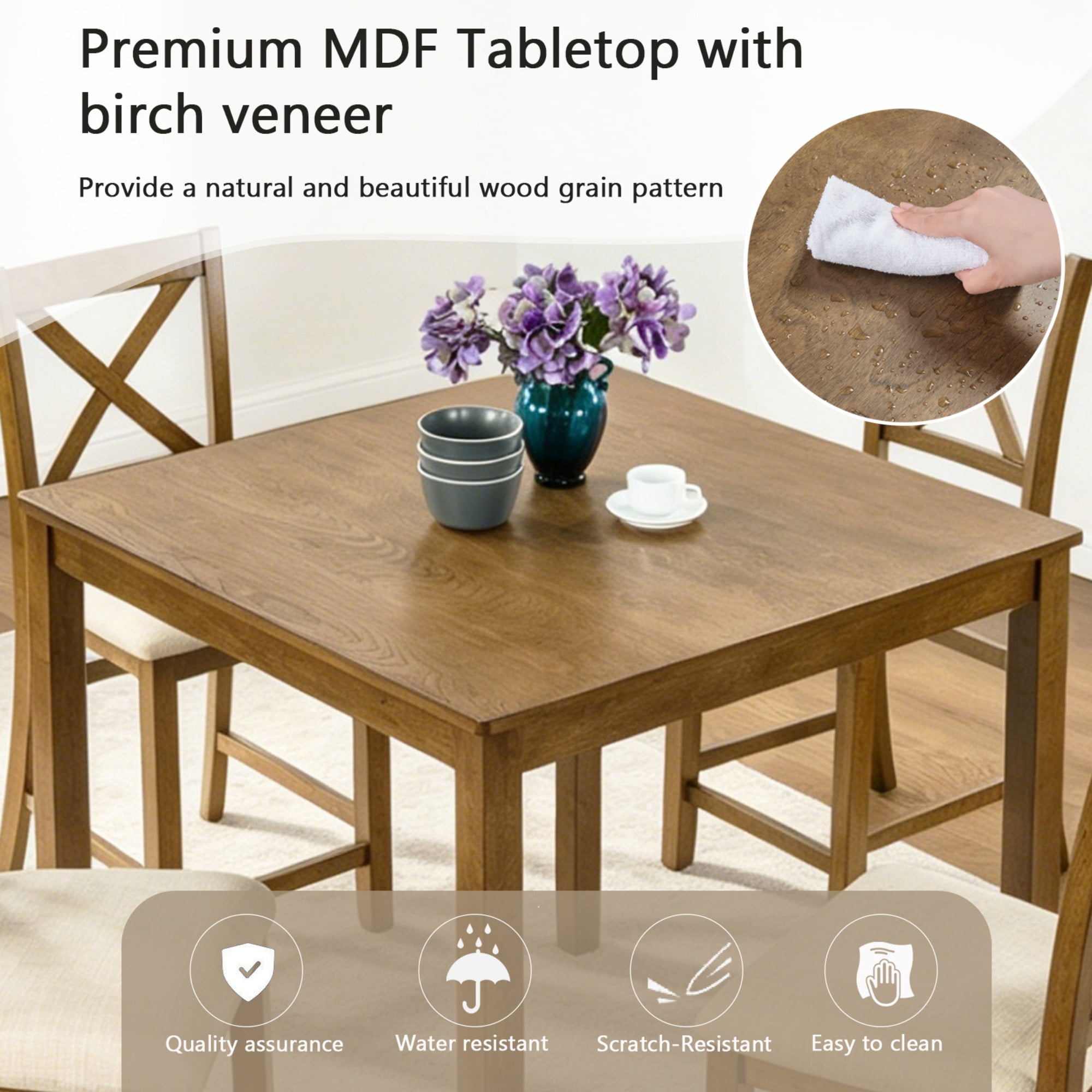 BSHTI 34.5" Acacia Wood 5-Piece Counter Height Dining Table Set with Fabric Upholstered X-Back Chairs for Kitchen Dining Room（Oak）