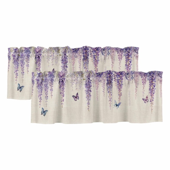2 Pack Valances for Windows 42 x 12 Inch, Wisteria Decorative Kitchen Curtain Valance, Spring Purple Flowers Butterflies Vintage Beige Rod Pocket Short Curtains Window Treatment for Bathroom/Cafe