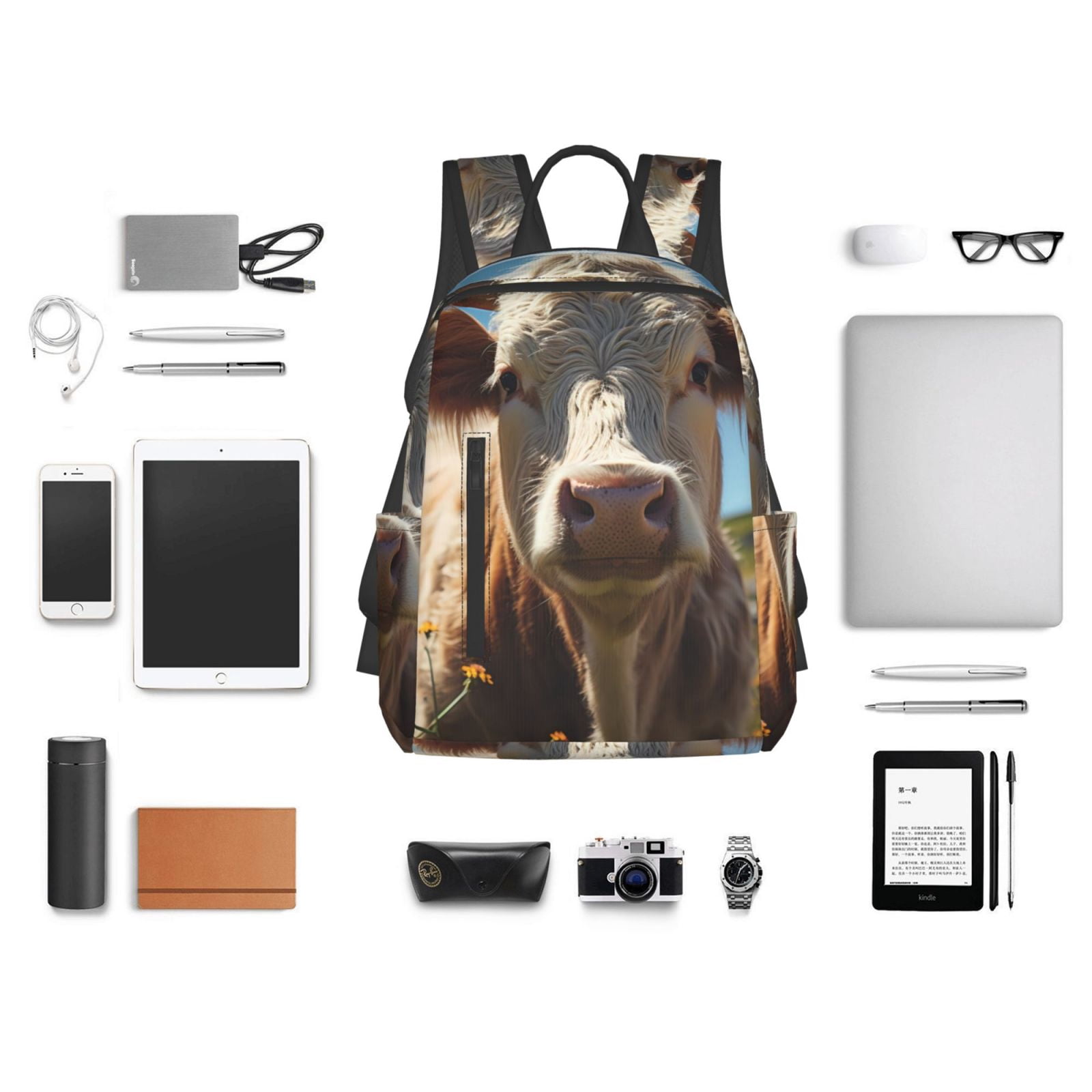 Xecao Prairie Flower Cow print Backpack For women men Aesthetic Lightweight Travel Daypack Simple Cute Backpack For Bookbag
