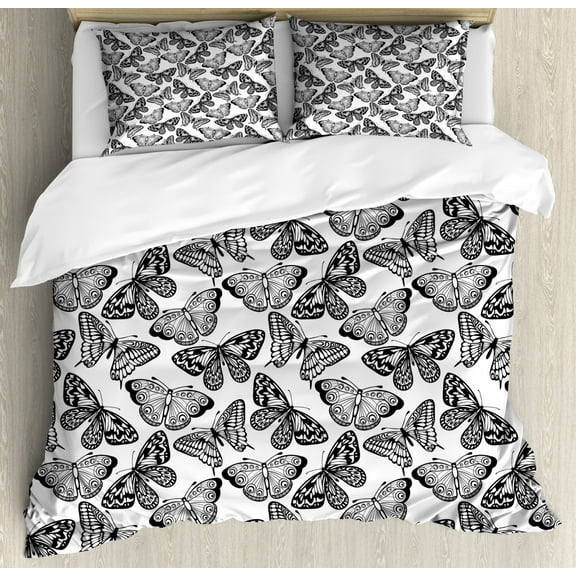 Black and White King Size Duvet Cover Set, Monochrome Assortment of Butterflies Schaus Swallowtails and Birdwings, Decorative 3 Piece Bedding Set with 2 Pillow Shams, Black White, by Ambesonne