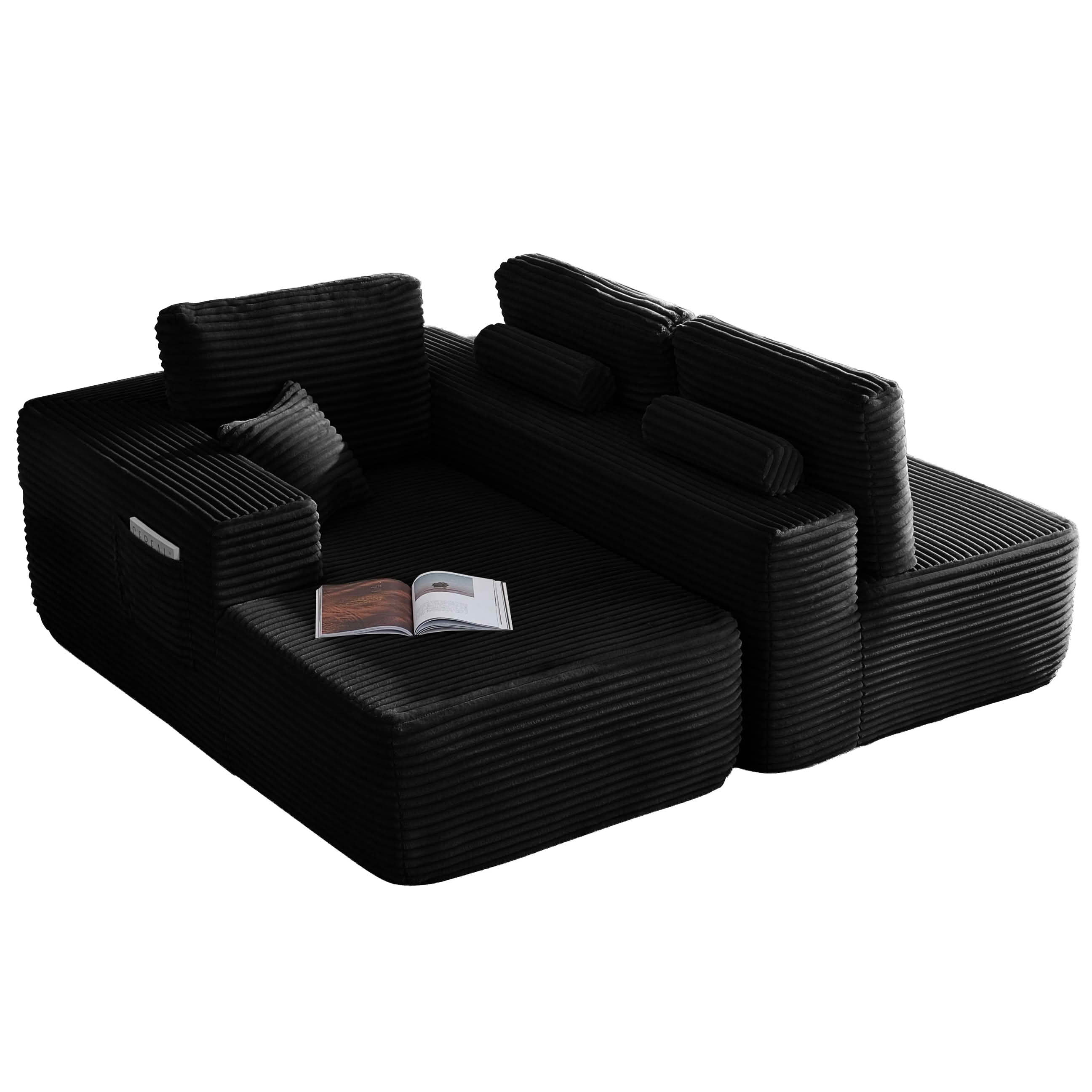 MAYEERTY 104 Inch Black Cloud Sectional Sofa, L-Shaped Left-Facing Modular Plush Corduroy Couch with Side Pockets, 3-Seater Deep Seating Sofa No Assembly Required for Living Room Bedroom
