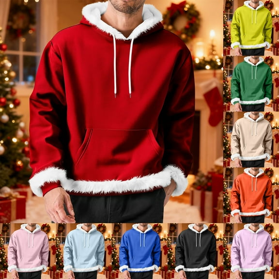 Vetsdori Mens Christmas Hoodies Fleece Holiday Pullover Gift Vacation Hooded Plain Long Sleeve Sweatshirts Tops for Men Warm
