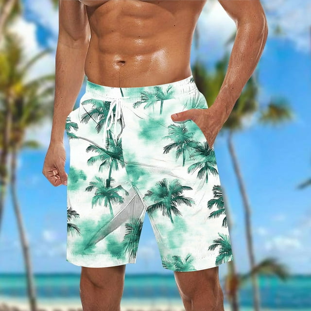 Sentmoon Plus Size Shorts for Men Lightweight Loose Summer Swim Shorts Palm Tree Print Drawstring Elastic Waist Sweat Shorts with Pockets Sport Daddy for Vacation Trip Green XXL