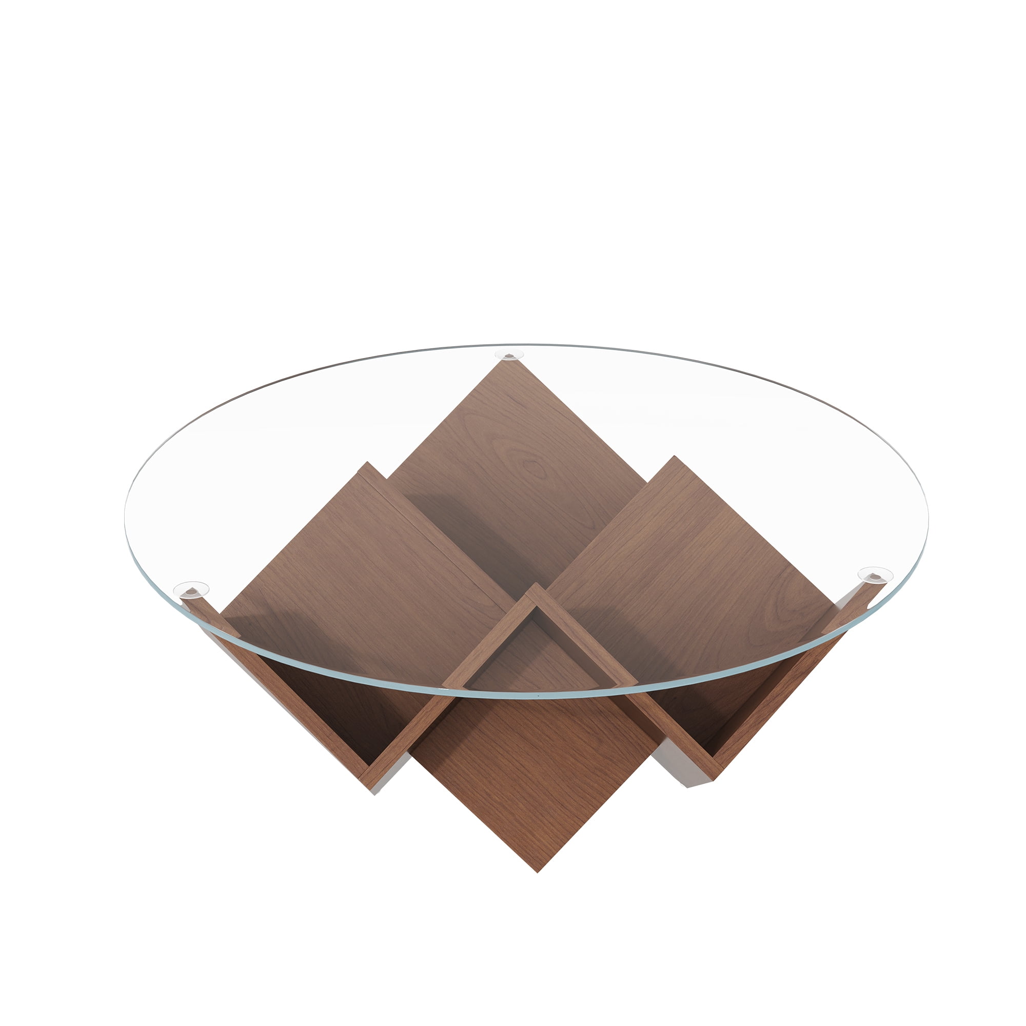35.4" Round Coffee Table with Tempered Glass Top, Geometric Design Accent End Table with Abstract Art Deco Storage Shelves Base