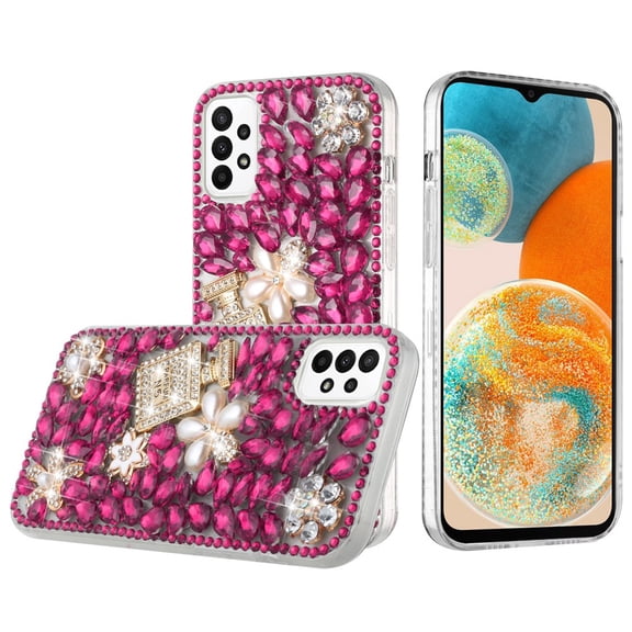 For Samsung Galaxy A23 5G Bling Clear Crystal 3D Full Diamonds Luxury Sparkle Rhinestone Hybrid Cover ,Xpm Phone Case [ Hot Pink Pearl Flowers Perfume ]