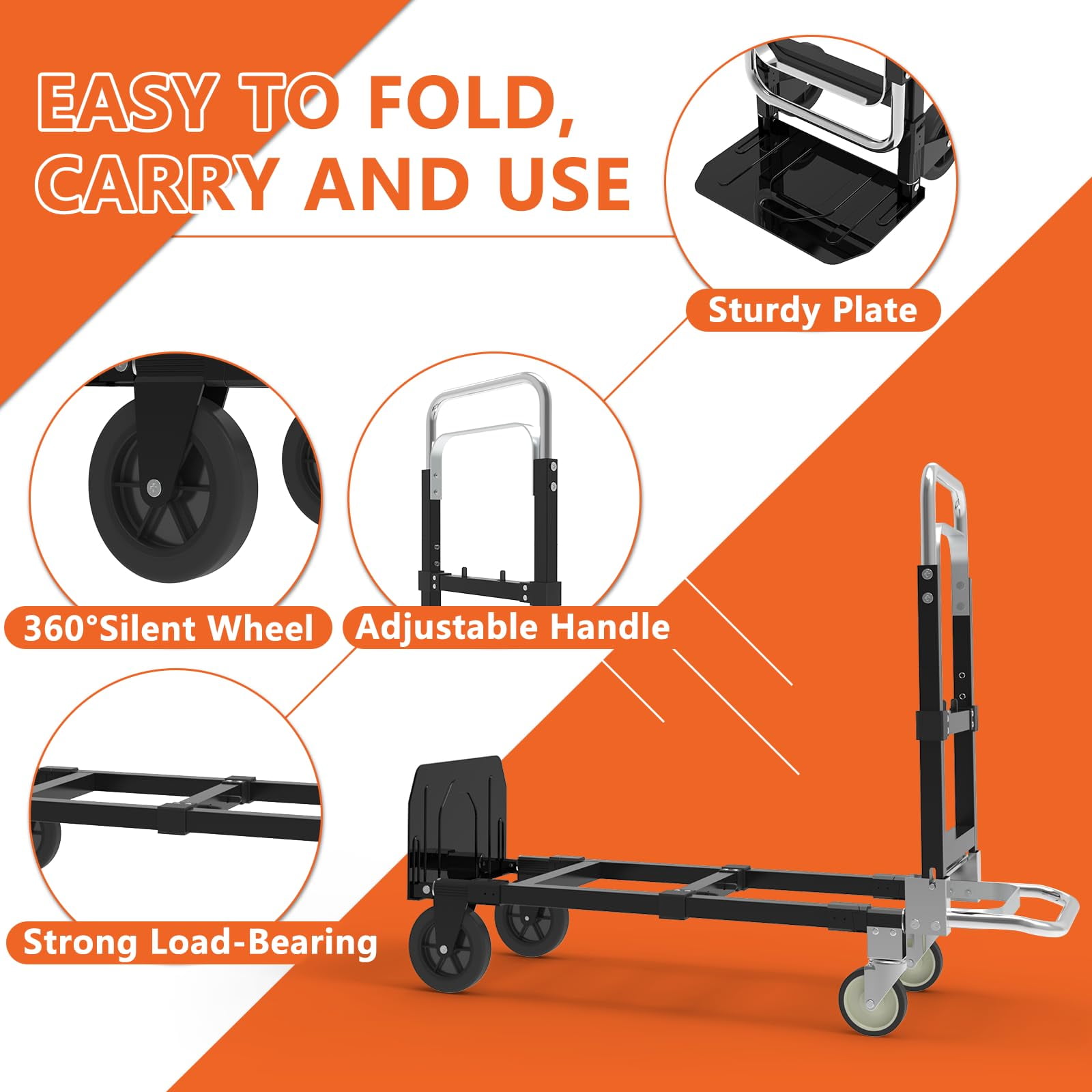 3-in-1 Heavy Duty Folding Dolly, Convertible Hand Truck Portable Steel with Telescopic Handle & Dolly Cart with Rubber Wheels, 580LB Capacity,Black