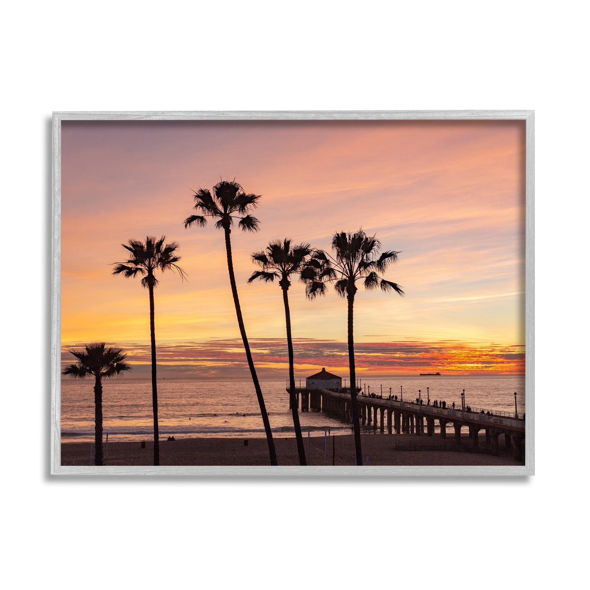 Stupell Industries Tropical Palm Tree Sunset Summer Pier Docks Photograph Gray Framed Art Print Wall Art, Design by Jeff Poe Photography