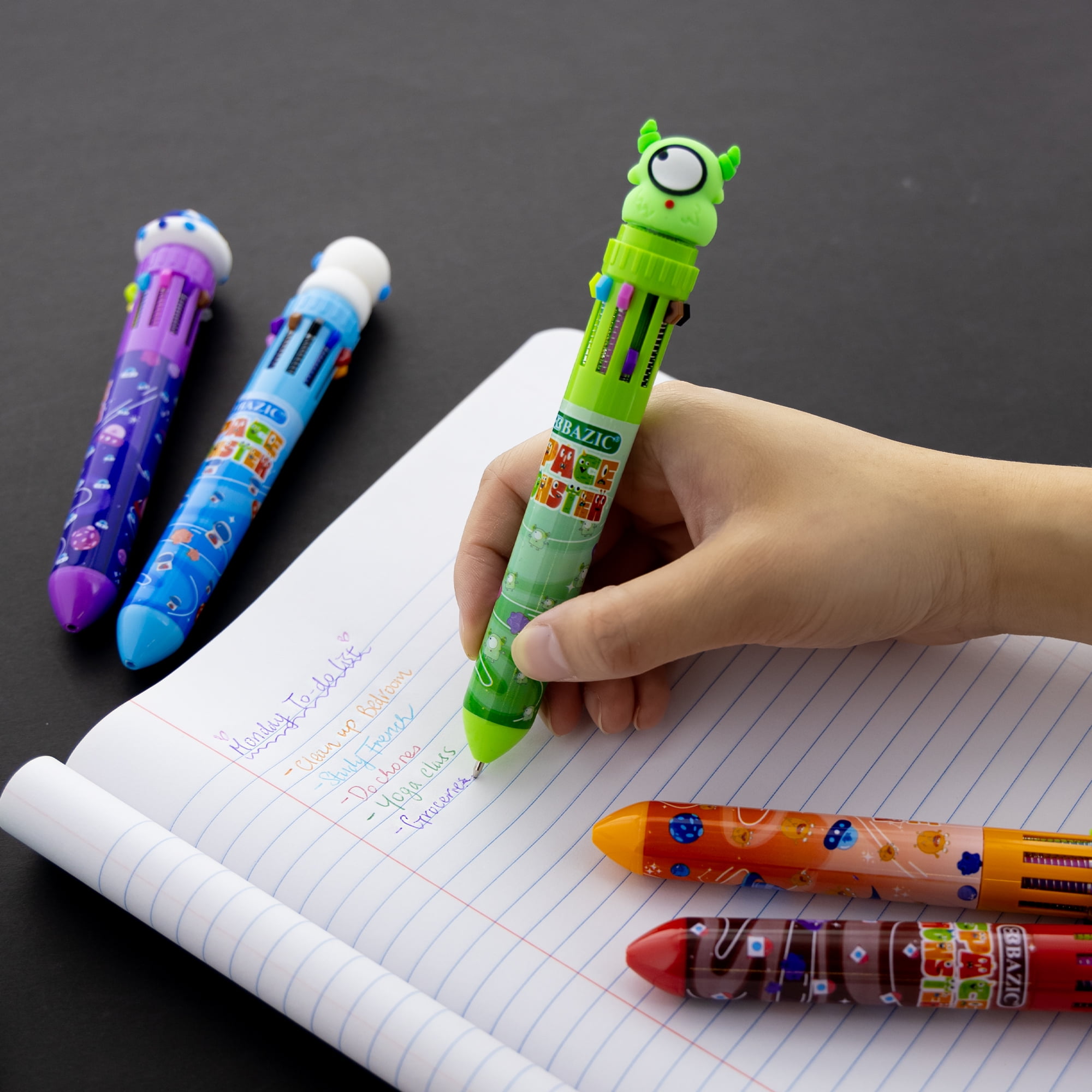 BAZIC 10-Color Ballpoint Pen, 1.0mm Bold Point, Monster Series, Retractable Multicolor Pen, 24-Packs