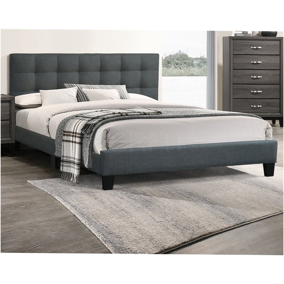 JERFIT Modern California King Platform Bed with Upholstered Headboard, Charcoal Gray Fabric, Wood Frame No Box Spring Needed