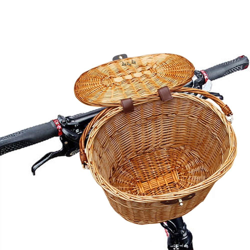 Handlebar Bike Basket with Lid Wicker Front Handlebar Bicycle Basket