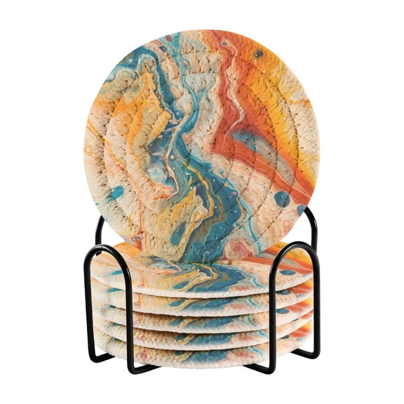 Red Blue Orange Marble Coasters with Holder for Coffee Table 6 Pcs Drink Coaster Sets Absorbent for Home Decor 4 inch