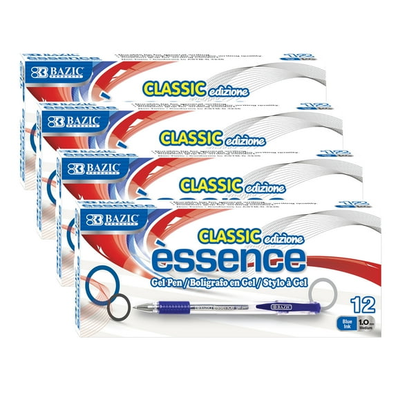 BAZIC Essence Gel Pen, Medium Point 1.0mm Blue Pen, Comfort Grip, 12 Count, 4-Packs