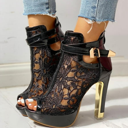 

〖Yilirongyumm〗 Black 42 Sandals Women Sandals Mesh High Zip Ladies Up Shoes Lace Hollow Heel Floral Womens Casual Women s Sandals