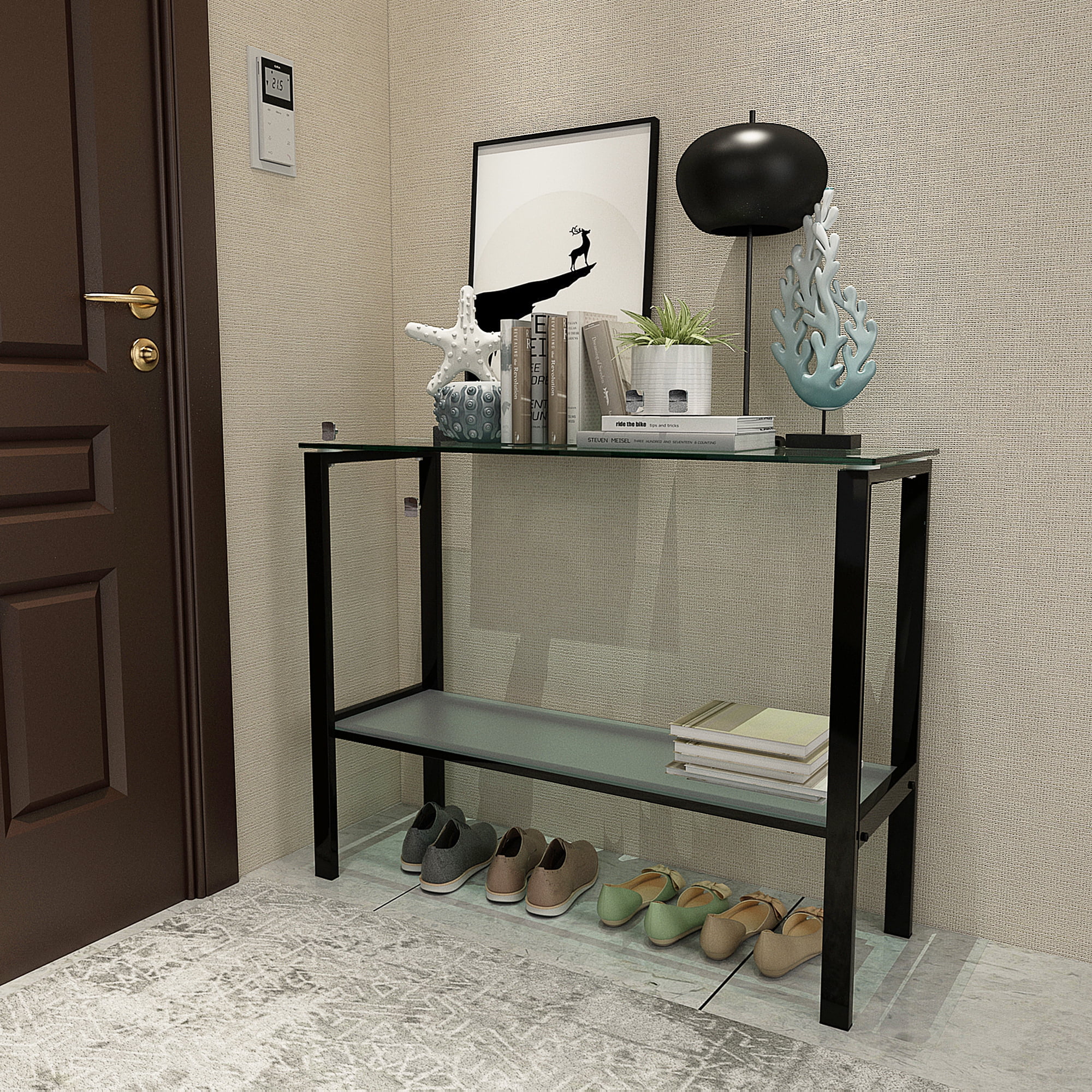 Resenkos Clear Tempered Glass Metal Frame Console Table with Shelves, Modern Entryway Table for Living Room, Hallway