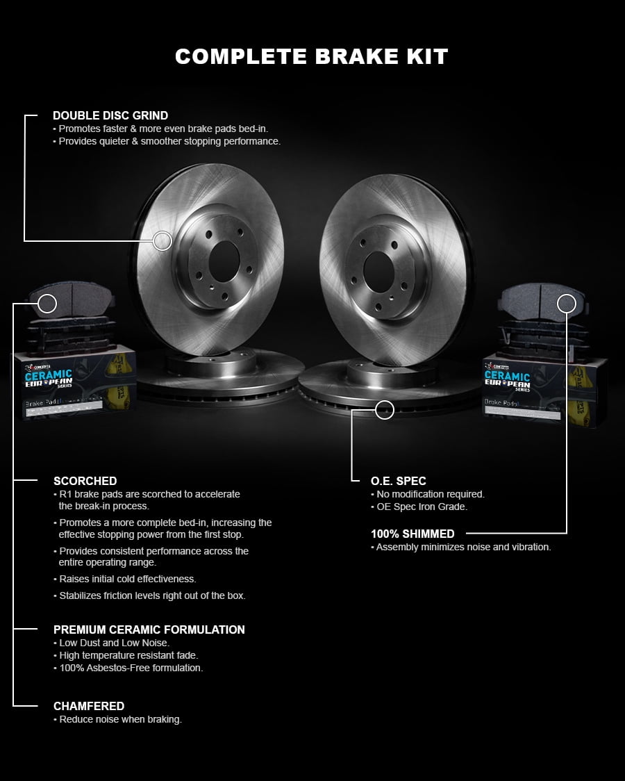 R1 Concepts Front Rear Brakes and Rotors Kit |Front Rear Brake Pads| Brake Rotors and Pads| Euro Ceramic Brake Pads and Rotors  WFTN2-10664