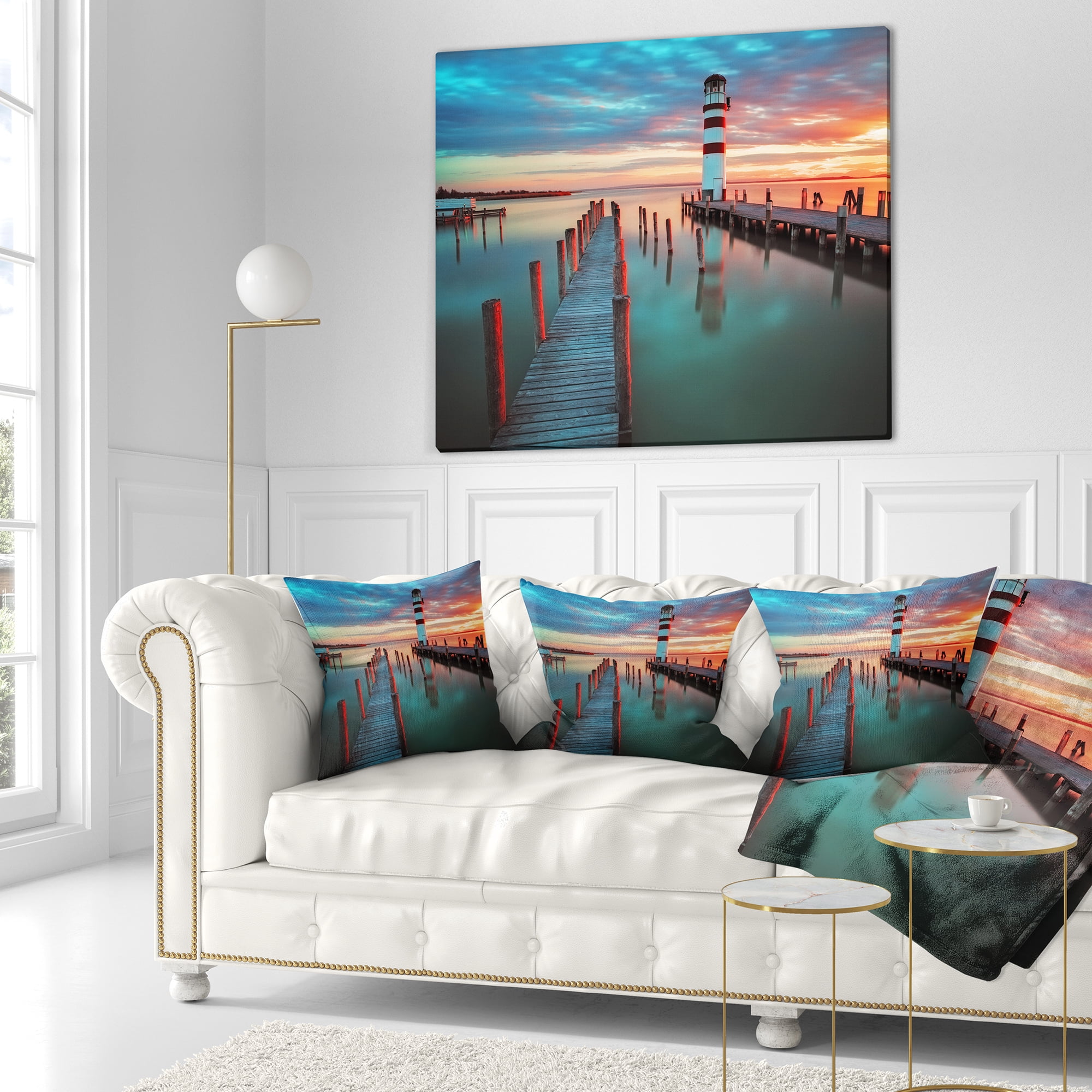 Designart Lighthouse at Lake in Neusiedl am See - Landscape Printed Throw Pillow - 18x18