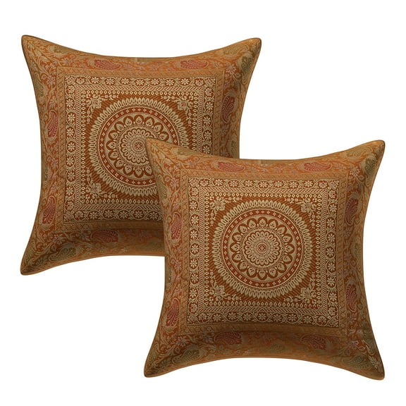 Stylo Culture Ethnic Decorative Throw Pillow Covers 16x16 Jacquard Gold Square 40cm x 40cm Home Decor Brocade Mandala Zippered Cushion Covers | Set Of 2