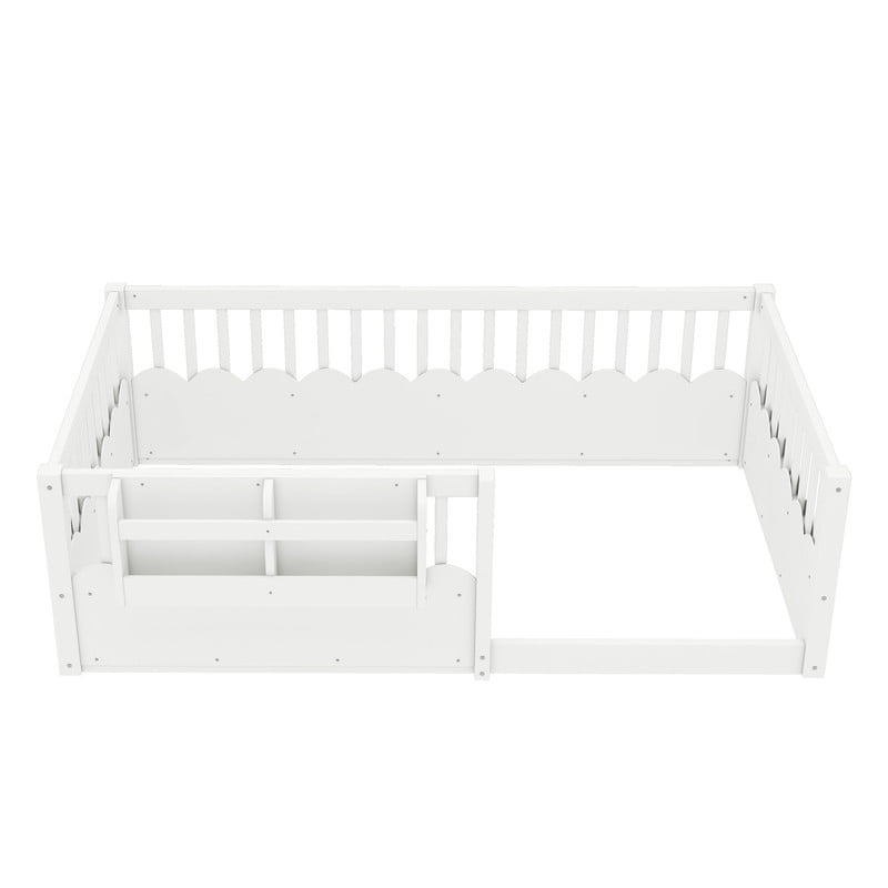Twin Size Floor Bed with Heightened Fence, Kids Platform Bed Frame with No Slat, Montessori Storage Bed with Bookshelf