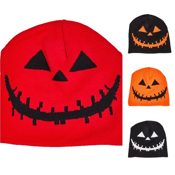 Venzia Halloween Pumpkin Face Knit Beanie, Black Orange Jack-o'-lantern Winter Hat