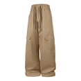 thumbnail image 3 of TKKCS Mens Wide Leg Cargo Pants Workwear Contrast Stitch Elastic Drawstring Waist Loose Fit Outdoor Casual Pants with Multi Pockets Khaki XL, 3 of 4