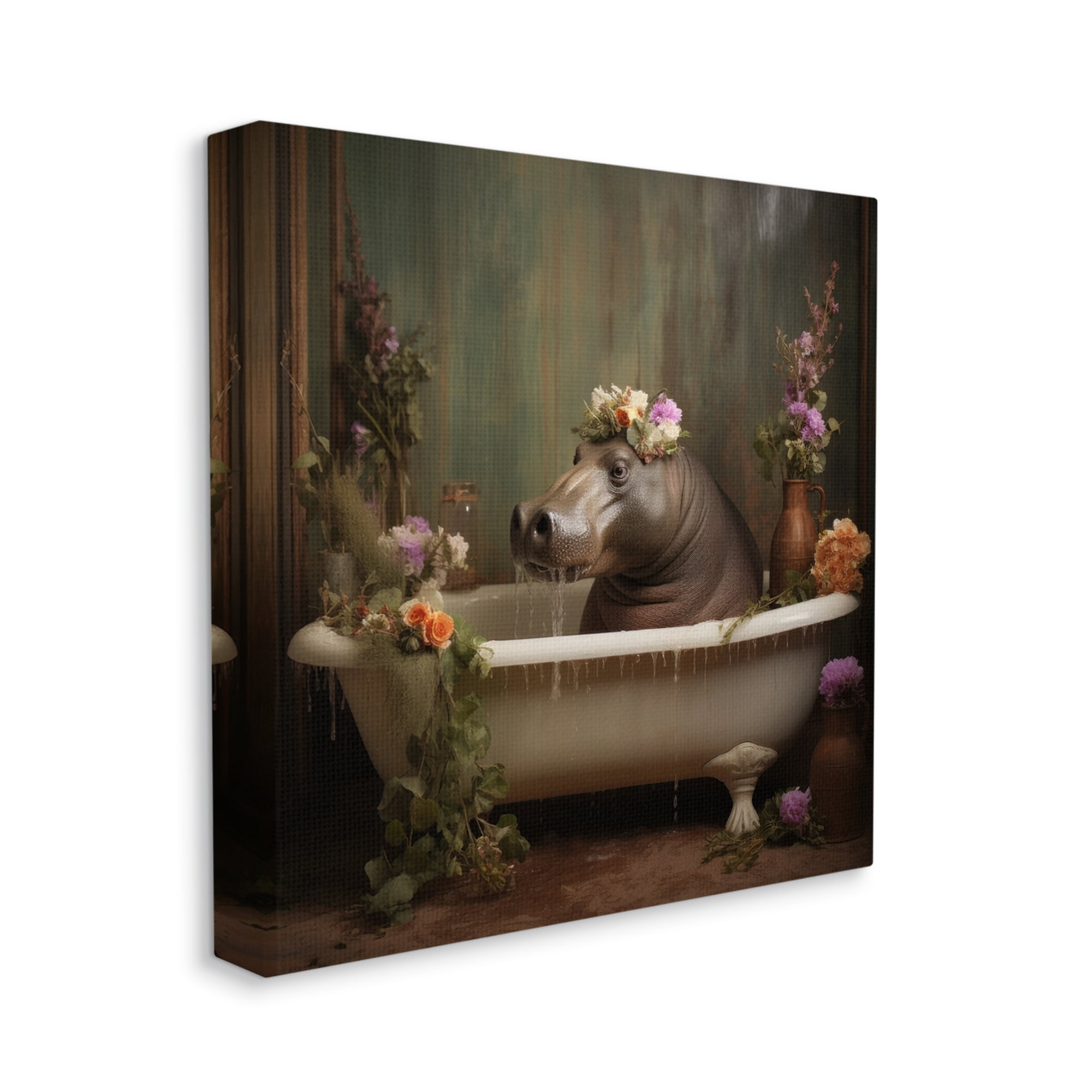 Stupell Industries Vintage Hippo Bathtub Animals & Insects Painting Gallery Wrapped Canvas Art Print Wall Art, 24 x 24