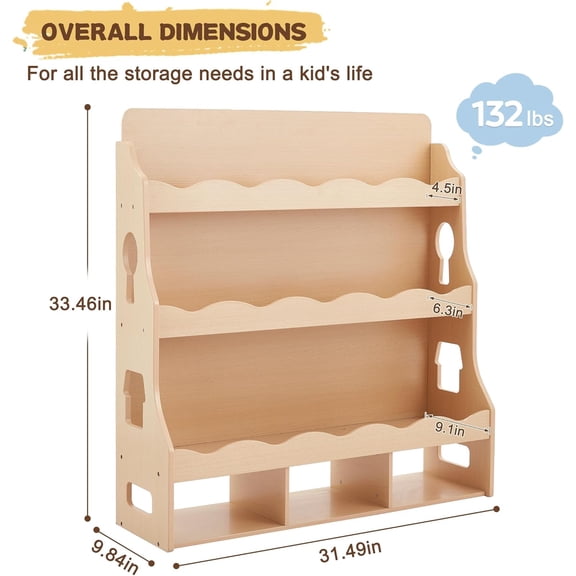 Wooden Kids Bookshelf, Book Shelf for Kids Rooms w/Scalloped Edges, Childrens Bookshelf with 3 Cube Bins for Books & Toys - Toddler Montessori Bookcase Nursery