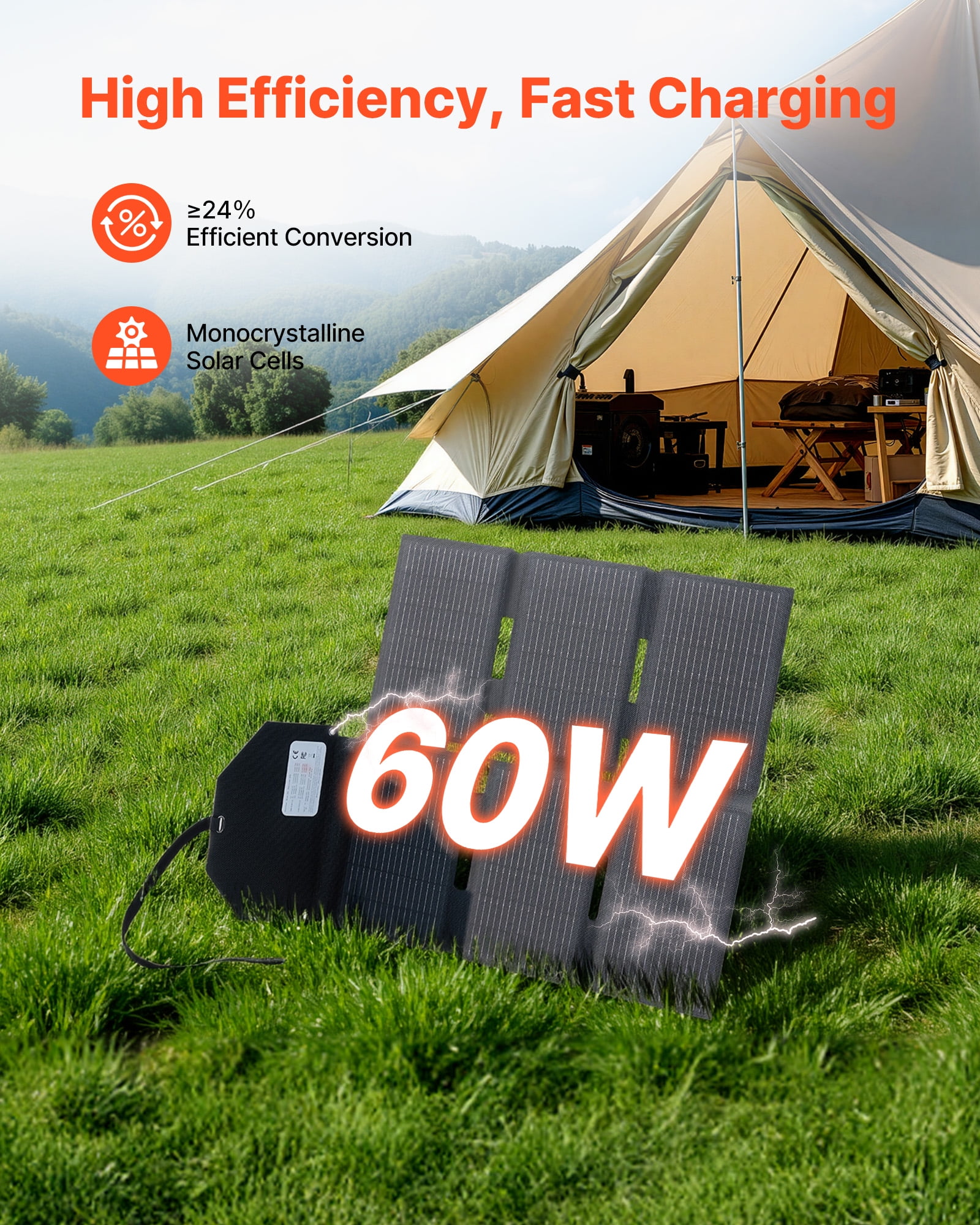 VEVOR 60W Foldable Solar Panel Charger, 16BB N-Type Monocrystalline Solar Panel 24% Efficiency, Lightweight Portable with MC4 Output, Type-C, USB-A & DC Ports for Power Stations Camping Hiking