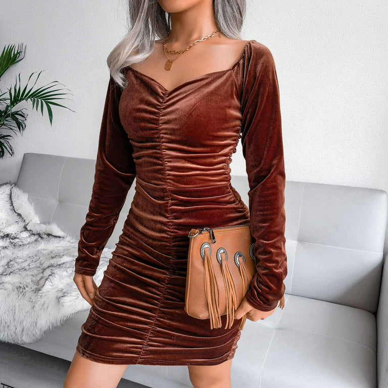 Lilgiuy Woman Temperament Mini Dress Solid Color Hip Wrap Long Sleeve  Square Collar Straps Slit Dress Brown Fall for 2022 Spring Winter 