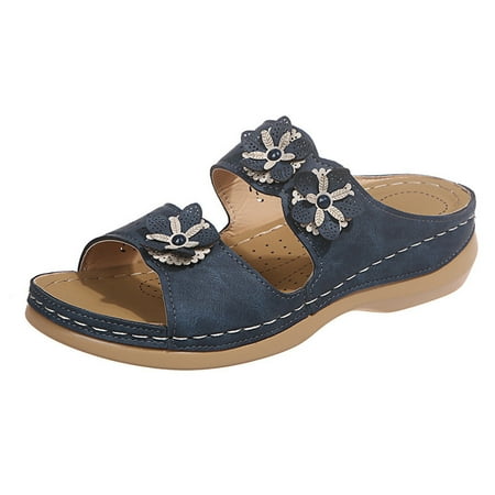

YOTAMI Clearance Casual Wedge Sandals for Women with Arch Support Comfortable Flower Strap Open Toe Summer Beach Sandals Fashion Platform Shoes Non-Slip Sandals Navy 7.5