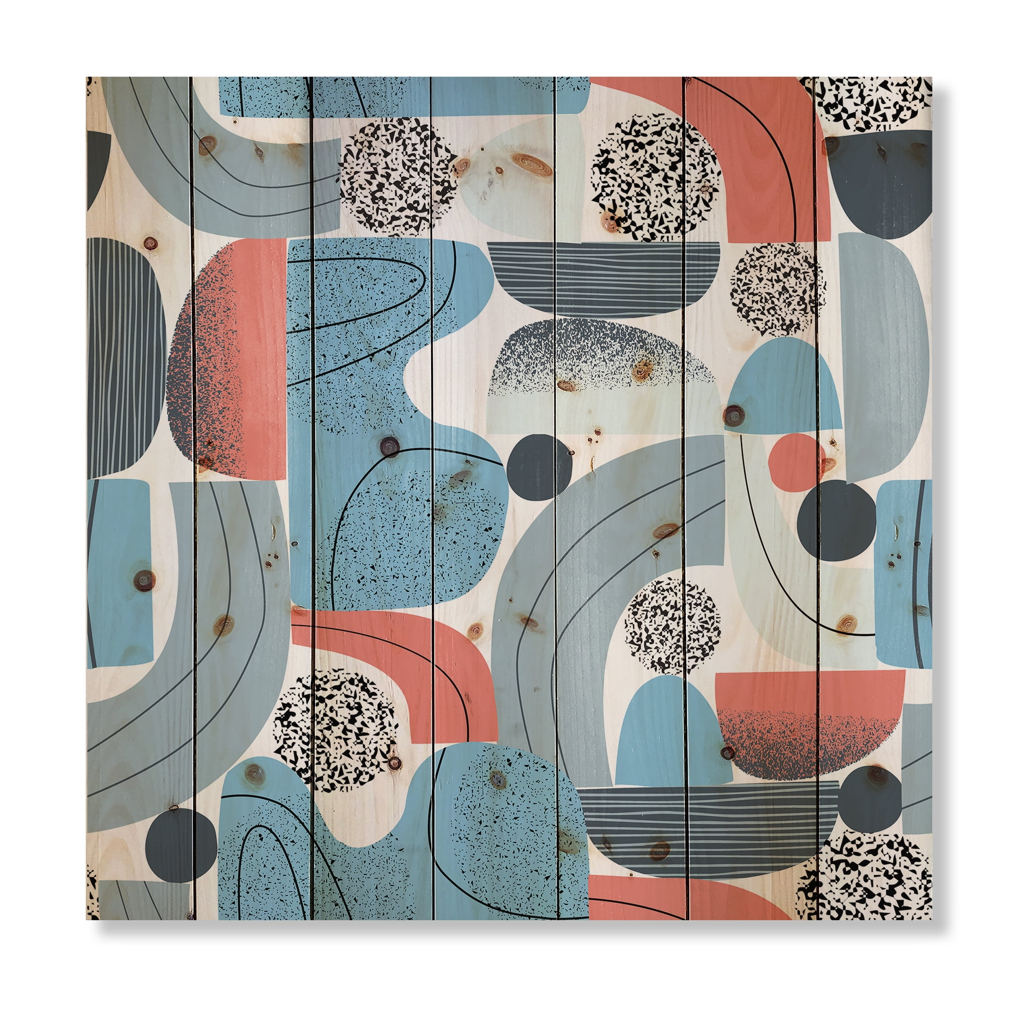 Designart 'Retro Shapes With Abstract Moons and Suns II' Modern Print on Natural Pine Wood