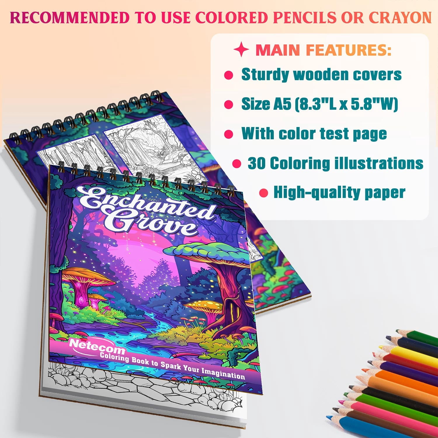 Netecom Enchanted Grove Coloring Book Spiral Bound for Adults, A5 Wooden Cover, 30 Whimsical Coloring Pages of Enchanting Landscapes for Stress Relief and Relaxation