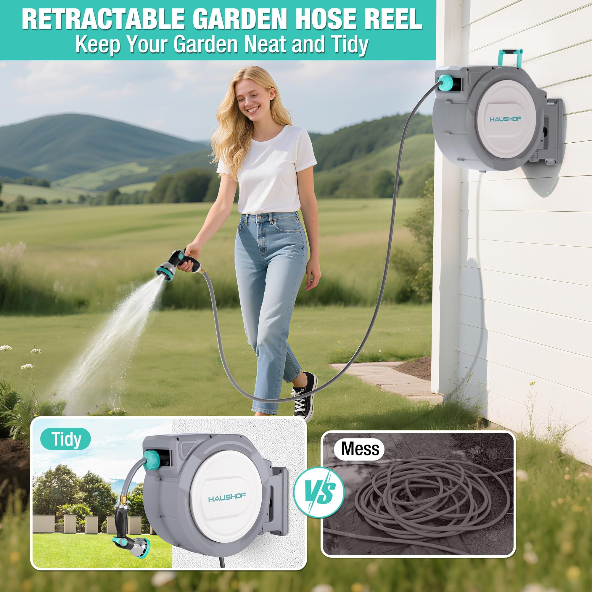HAUSHOF Retractable Garden Hose Reel 1/2” x 130 ft, Auto-Lock at Any Length, Slow Return System, Wall Mounted and 180° Swivel Bracket for Outside Water