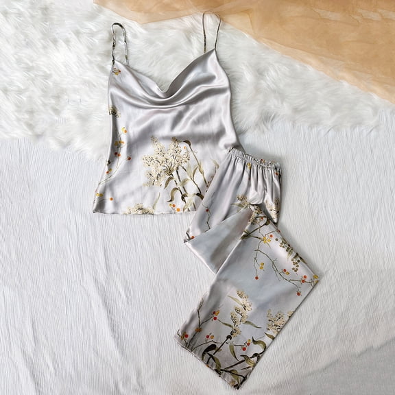 Sakmal Sleeveless Womens Plus Size Pajamas Sets Gray Floral Sexy Nightwear Tops for Ladies