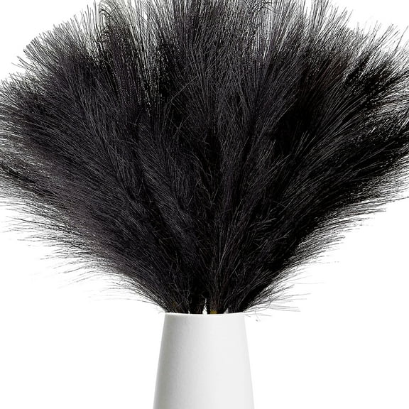 6Pcs Faux Pampas Grass 18", Fluffy Pompous Grass Flower, Dried Boho Grass Decor with Flexible Stems for Boho Home Wedding Living Room, Bedroom, Office Decoration, Black
