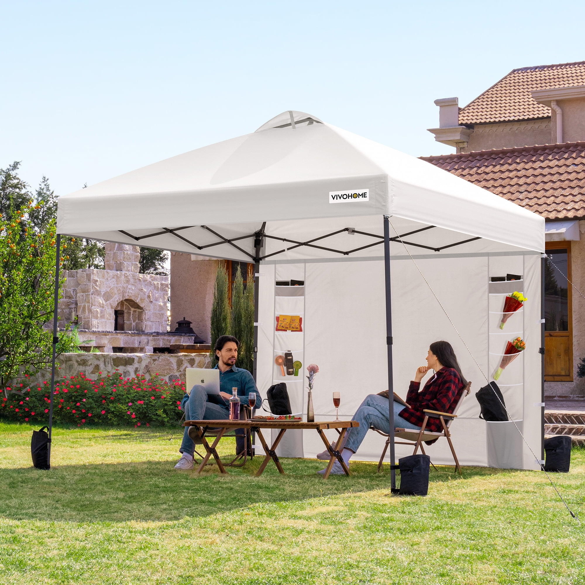 SPECSTAR 10'x10' Pop Up Canopy, One Push Set-up Tent with 1 Sidewall for Outdoor, White