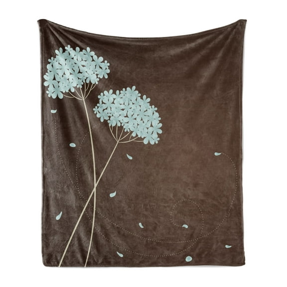 Brown and Blue Soft Flannel Fleece Blanket, Floral Design with Swirl Lines Falling Leaves Autumn Inspired, Cozy Plush for Indoor and Outdoor Use, 70" x 90", Pale Seafoam Brown Cream, by Ambesonne