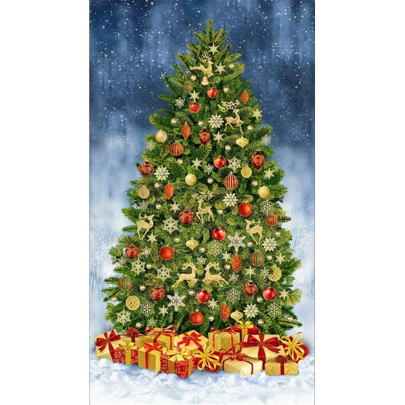 24" X 44" Panel Fancy Christmas Tree Christmas Presents Gifts Winter Holidays Cotton Fabric Panel (PANEL-CM2676-MULTI)