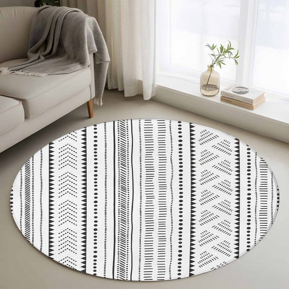 Round Area Rug 3 Ft, Farmhouse Boho Washable Non-Slip Circle Carpet for Living Room/Bedroom, Vintage Abstract Geometric Striped Low-Profile Small Floor Mats Collection Rugs for Indoor
