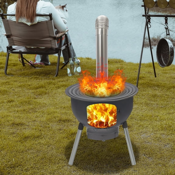 Indoor/ Outdoor Wood Burning Stove with Grill Rack, Modern Style Camping Wood Stove, Portable 4 Wok Rings Wood Stove with Chimney