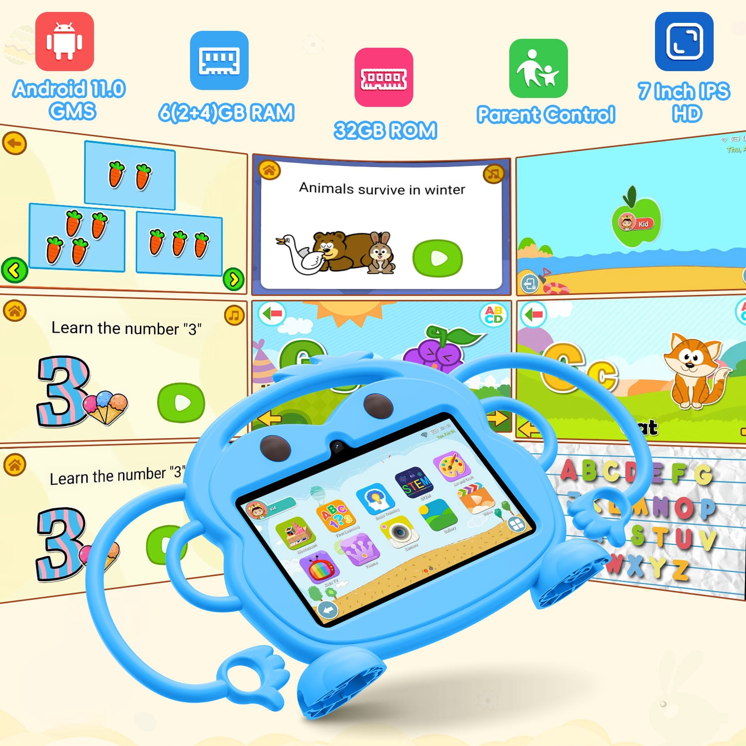 Kids Tablet, 7 inch Android Tablet for Kids, 6GB RAM 32GB ROM Quad-Core Toddler Tablet with Shockproof Case, Bluetooth, WiFi, Parental Control, 2MP+2MP Dual Camera, GPS, Games