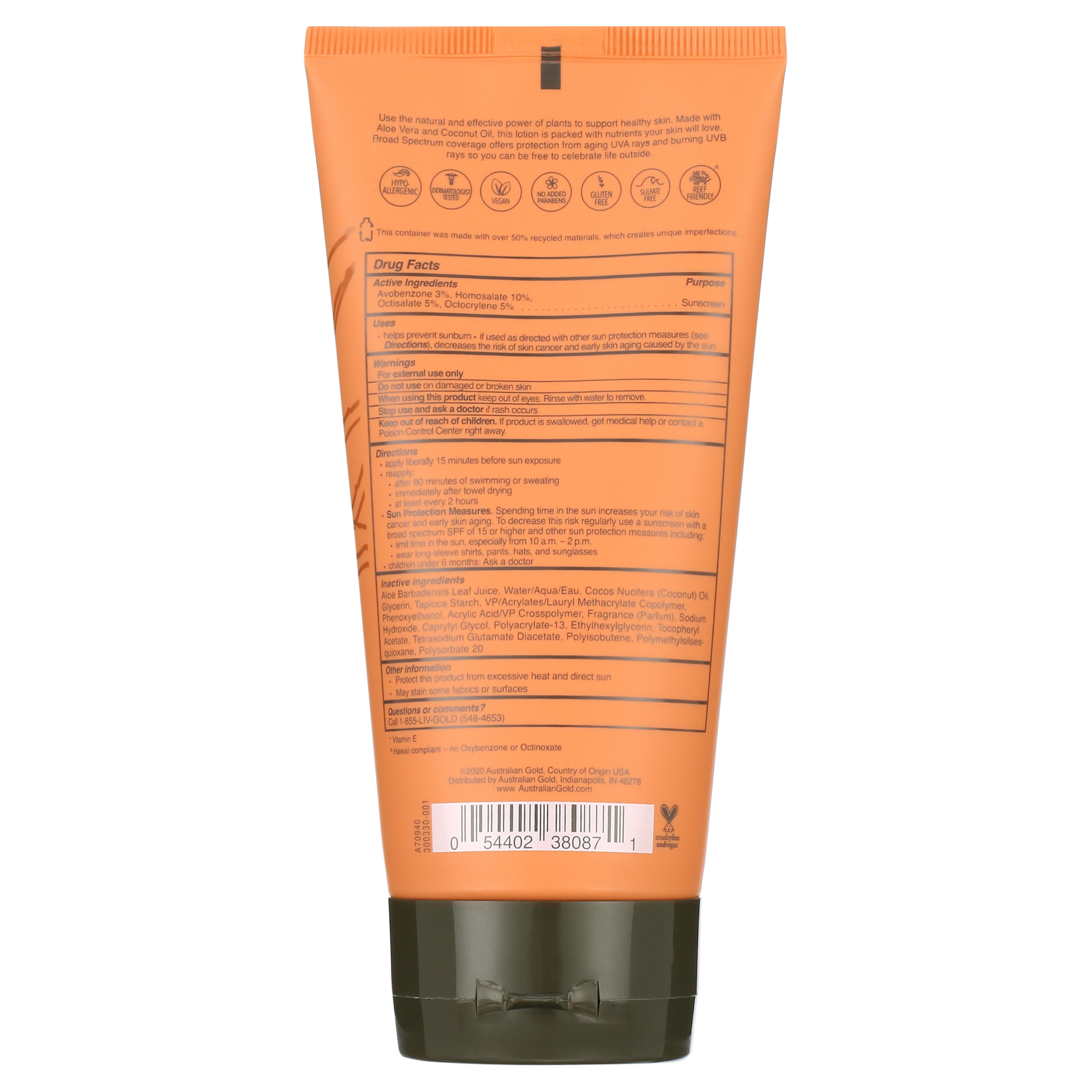 Australian Gold Plant Based Lotion Sunscreen, Aloe & Coconut, SPF 50 - All Skin Types