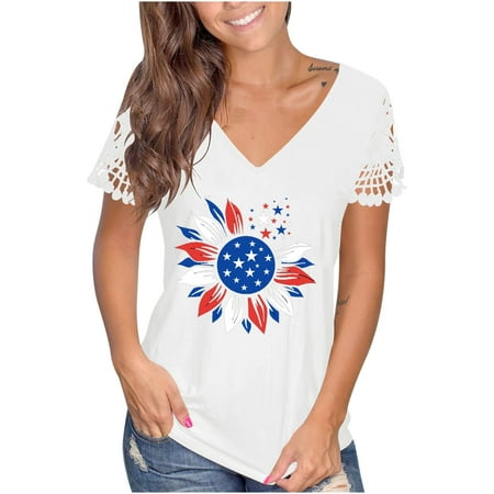 

Corset Top Long Sleeve Workout Tops for Women Women s Summer V-neck Independence Day Printed Tops T-Shirts Casual Lace Short Sleeve Blouse Valentines Shirts for Women White Shirts White S