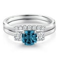 thumbnail image 3 of Gem Stone King 10K White Gold London Blue Topaz Moissanite and Lab Grown Diamond 3 Stone Bridal Engagement Wedding Ring Set for Women (2.34 Cttw, 5MM and 3MM Cushion, Sizes 5, 6, 7, 8, 9), 3 of 6