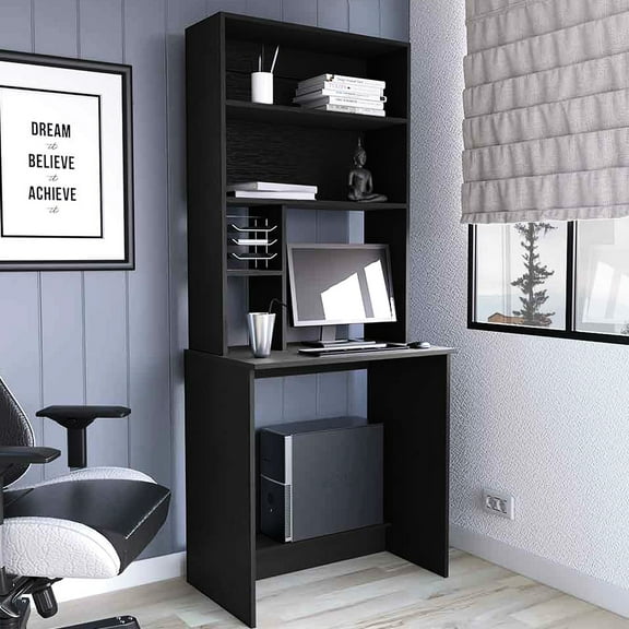 Computer Desk With Black Finish, Four Shelves, 29.9"h Legroom, 19.58"d X 29.07"w 73.11"h, Particle Board Shelves , , 73.11"h Desk, Tall