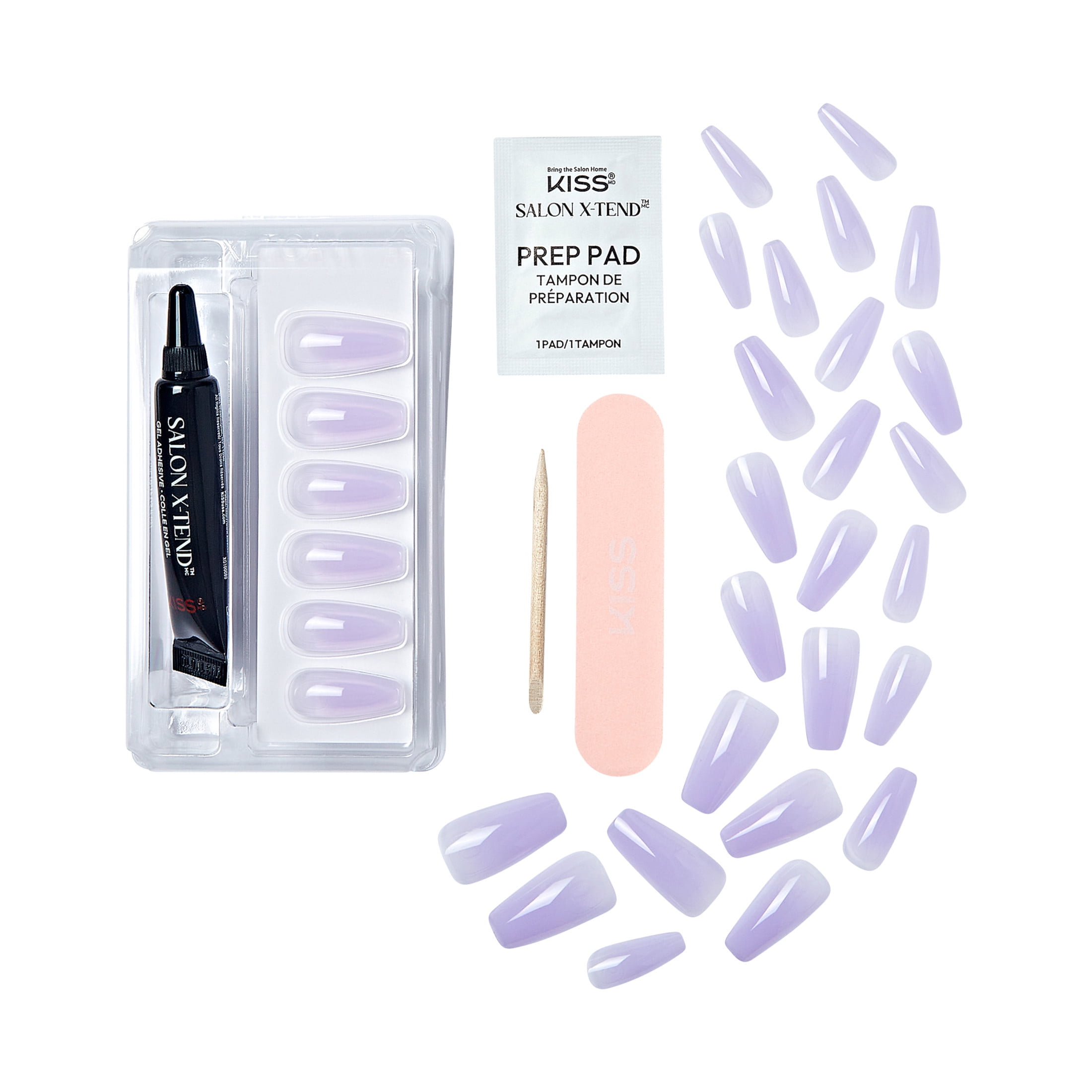 KISS Salon X-tend LED Soft Gel System Color Nails, Solid Lavender, Long Coffin, 34 Ct.